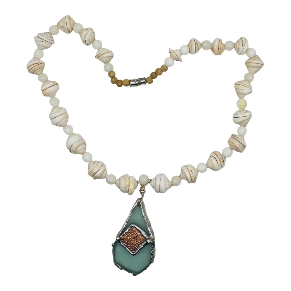 VNTG Hawaiian Heishi Puka Shell Necklace W/ Sea Glass & Copper Mermaid Pendant - Picture 12 of 16